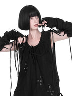 YUBABY Distressed Lace Up Half Finger Women's Cotton Linen Gloves & Mittens