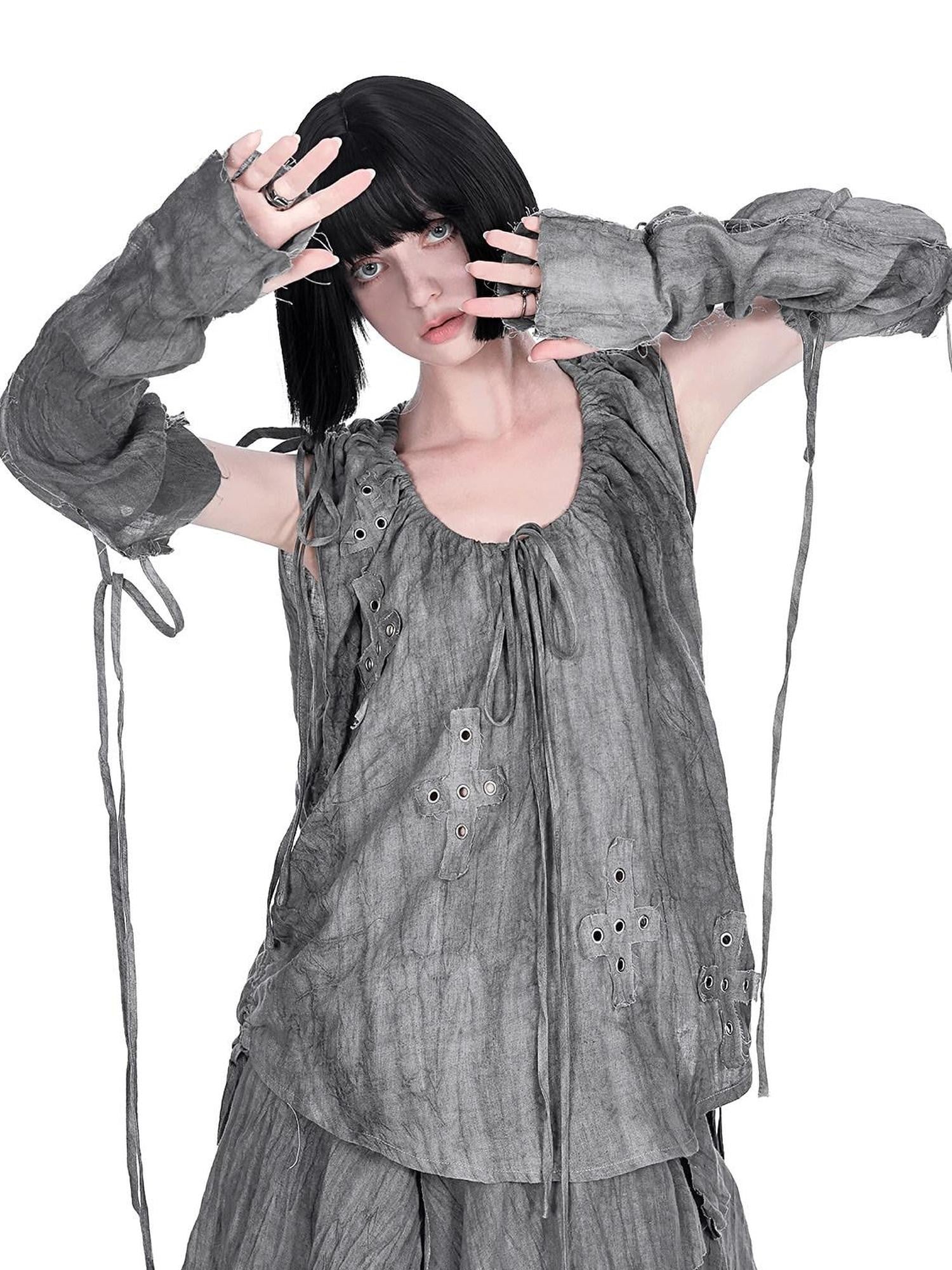 YUBABY Distressed Lace Up Half Finger Women's Cotton Linen Gloves & Mittens