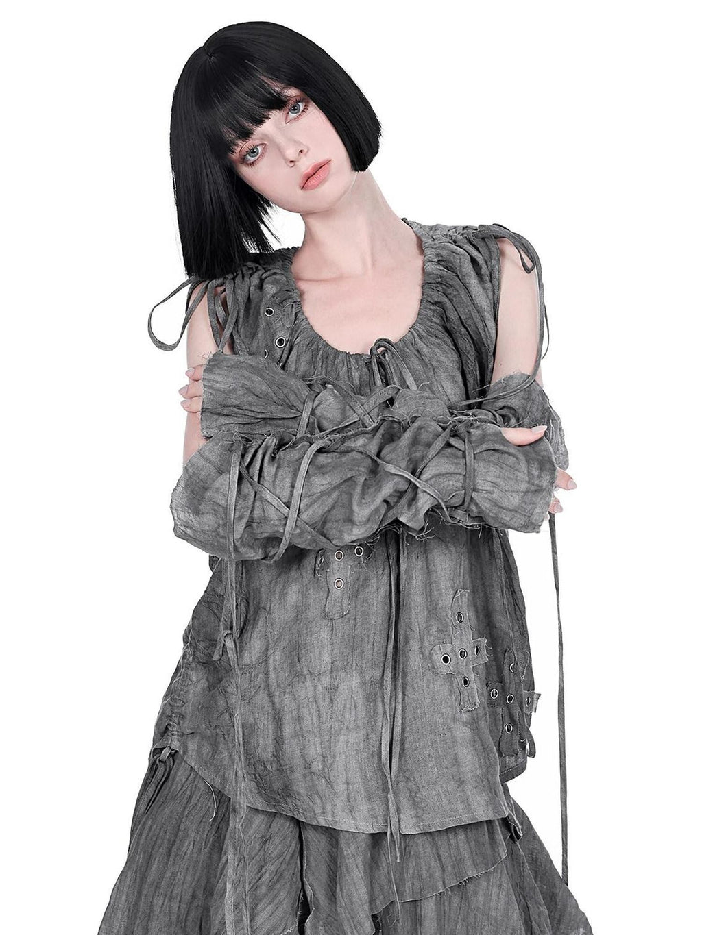 YUBABY Distressed Lace Up Half Finger Women's Cotton Linen Gloves & Mittens