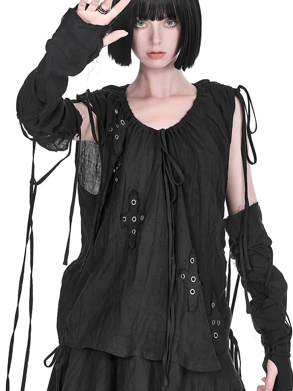 YUBABY Distressed Lace Up Half Finger Women's Cotton Linen Gloves & Mittens