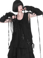 YUBABY Distressed Lace Up Half Finger Women's Cotton Linen Gloves & Mittens