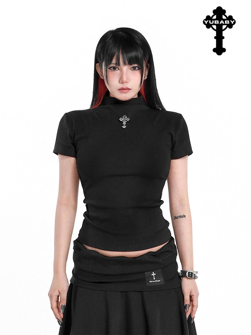 YUBABY Embroidered Ribbed Half High Collar Women's Cotton Blend Short Sleeve T-shirts