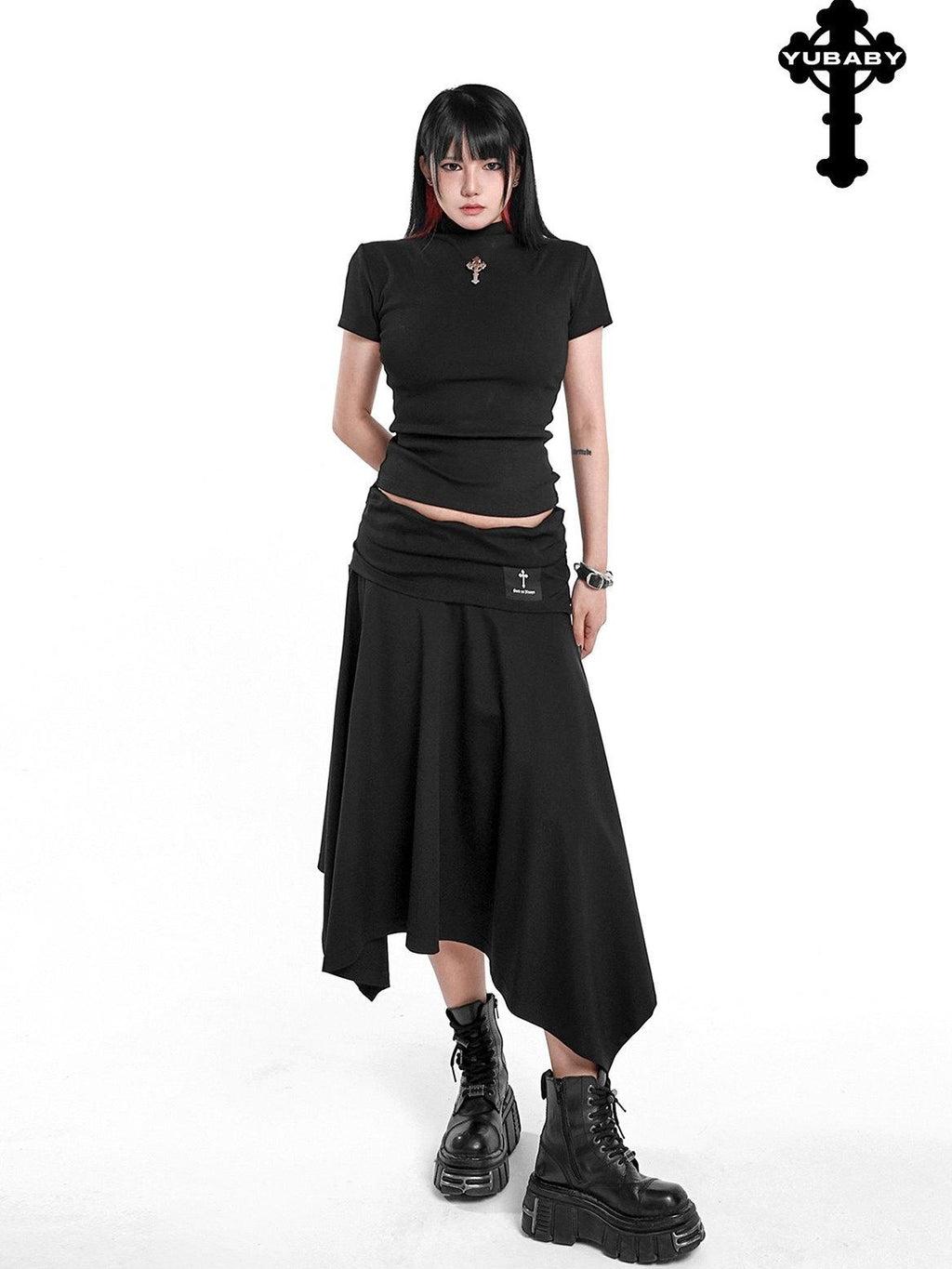 YUBABY Embroidered Ribbed Half High Collar Women's Cotton Blend Short Sleeve T-shirts