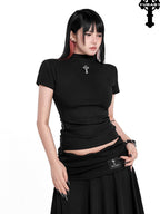 YUBABY Embroidered Ribbed Half High Collar Women's Cotton Blend Short Sleeve T-shirts