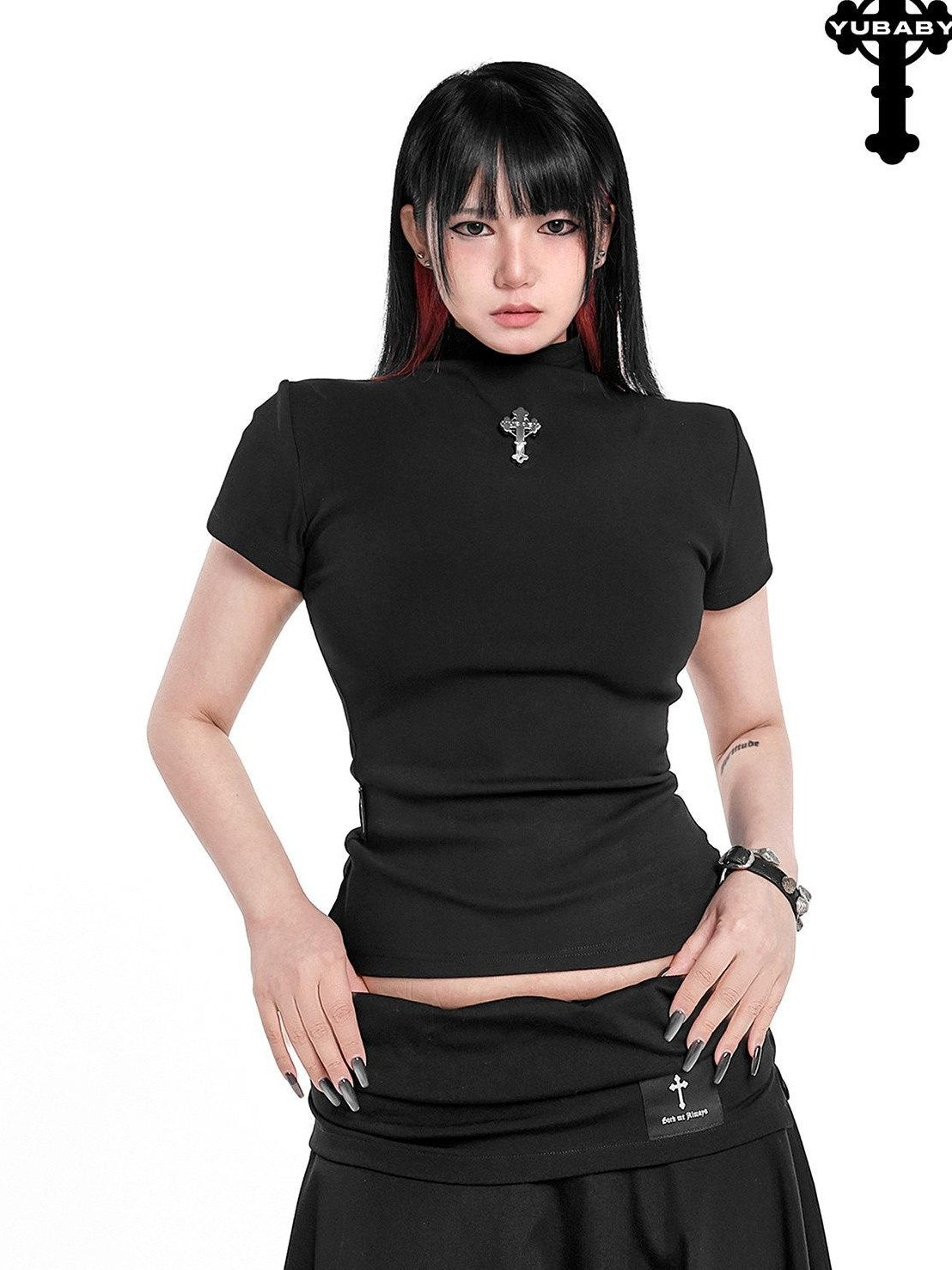 YUBABY Embroidered Ribbed Half High Collar Women's Cotton Blend Short Sleeve T-shirts