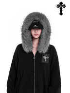 YUBABY Faux Fox Fur Oversize Collar Gothic Cross Women's Cotton Blend Hoodies