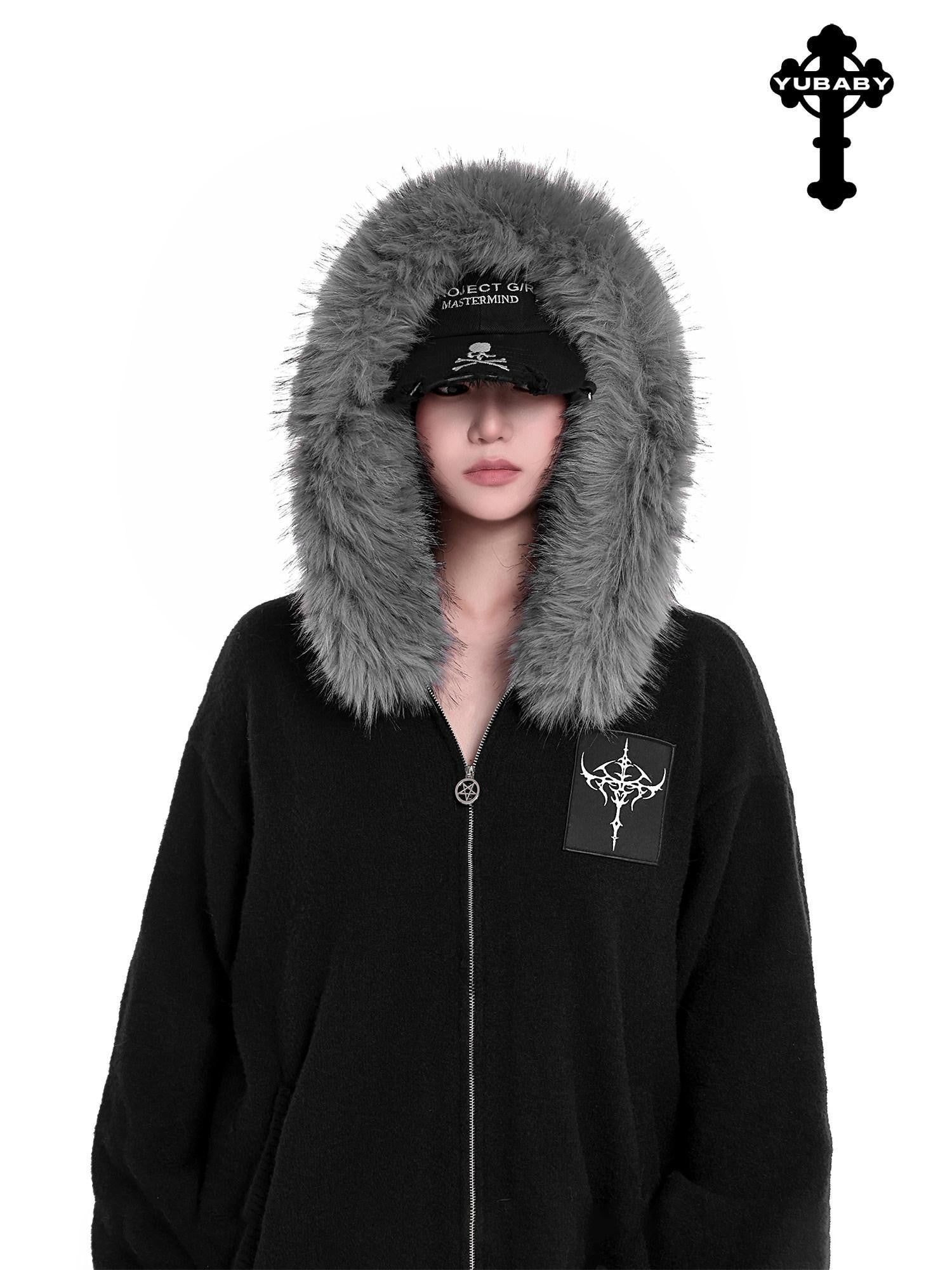 YUBABY Faux Fox Fur Oversize Collar Gothic Cross Women's Cotton Blend Hoodies