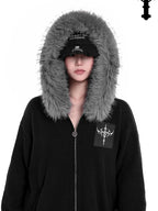 YUBABY Faux Fox Fur Oversize Collar Gothic Cross Women's Cotton Blend Hoodies