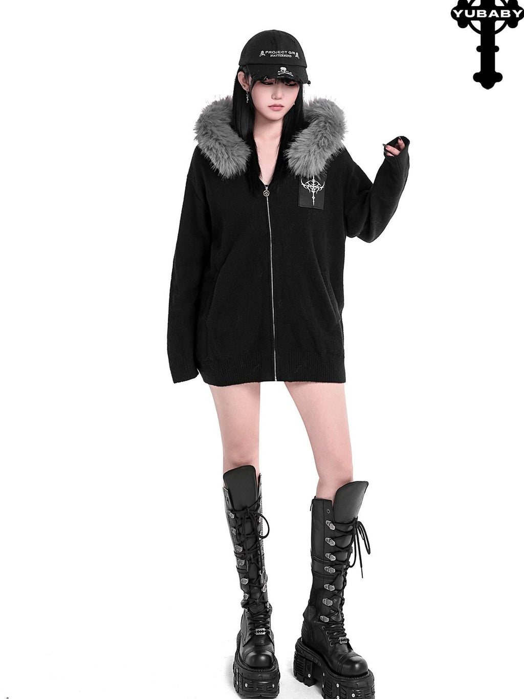 YUBABY Faux Fox Fur Oversize Collar Gothic Cross Women's Cotton Blend Hoodies