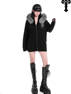 YUBABY Faux Fox Fur Oversize Collar Gothic Cross Women's Cotton Blend Hoodies