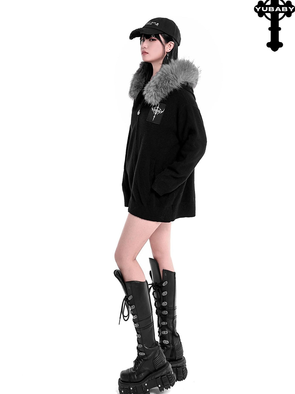 YUBABY Faux Fox Fur Oversize Collar Gothic Cross Women's Cotton Blend Hoodies