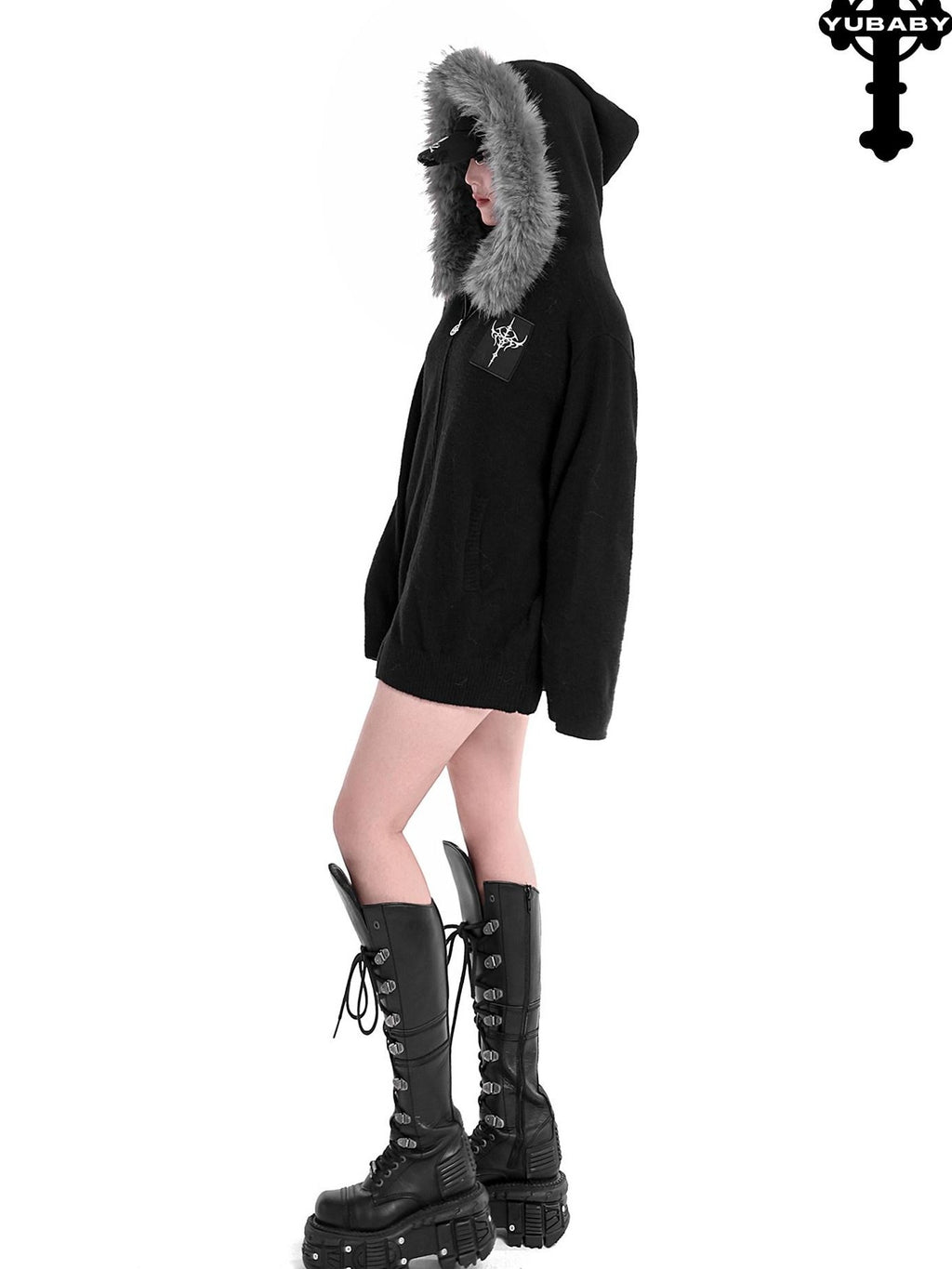 YUBABY Faux Fox Fur Oversize Collar Gothic Cross Women's Cotton Blend Hoodies