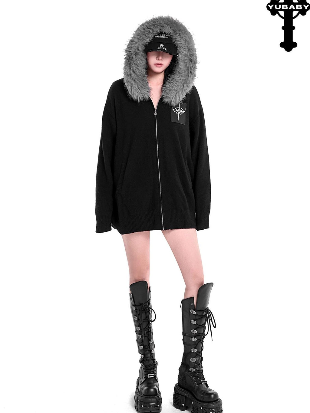 YUBABY Faux Fox Fur Oversize Collar Gothic Cross Women's Cotton Blend Hoodies