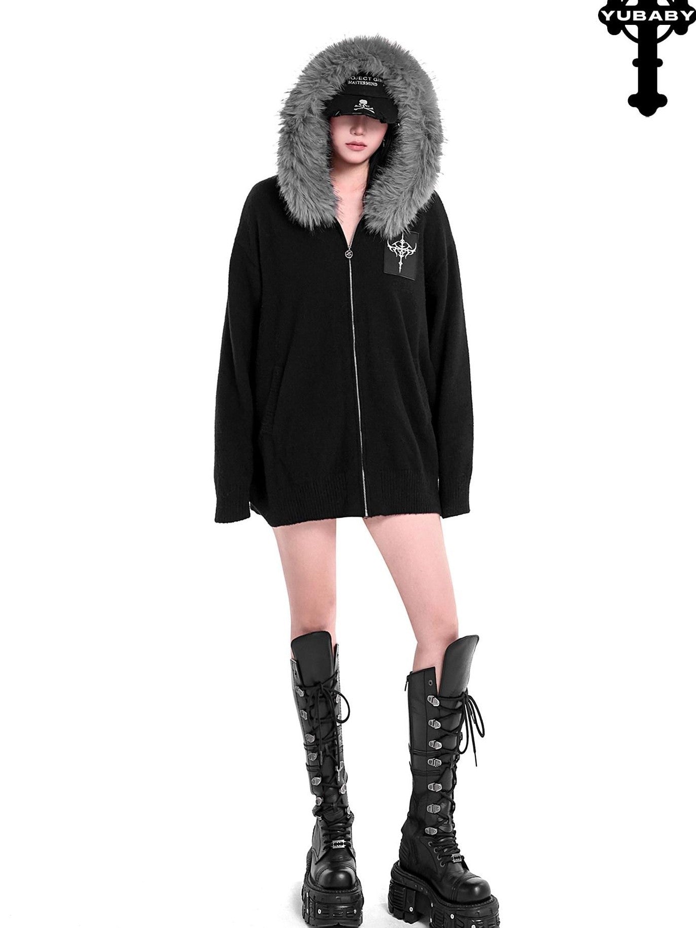 YUBABY Faux Fox Fur Oversize Collar Gothic Cross Women's Cotton Blend Hoodies