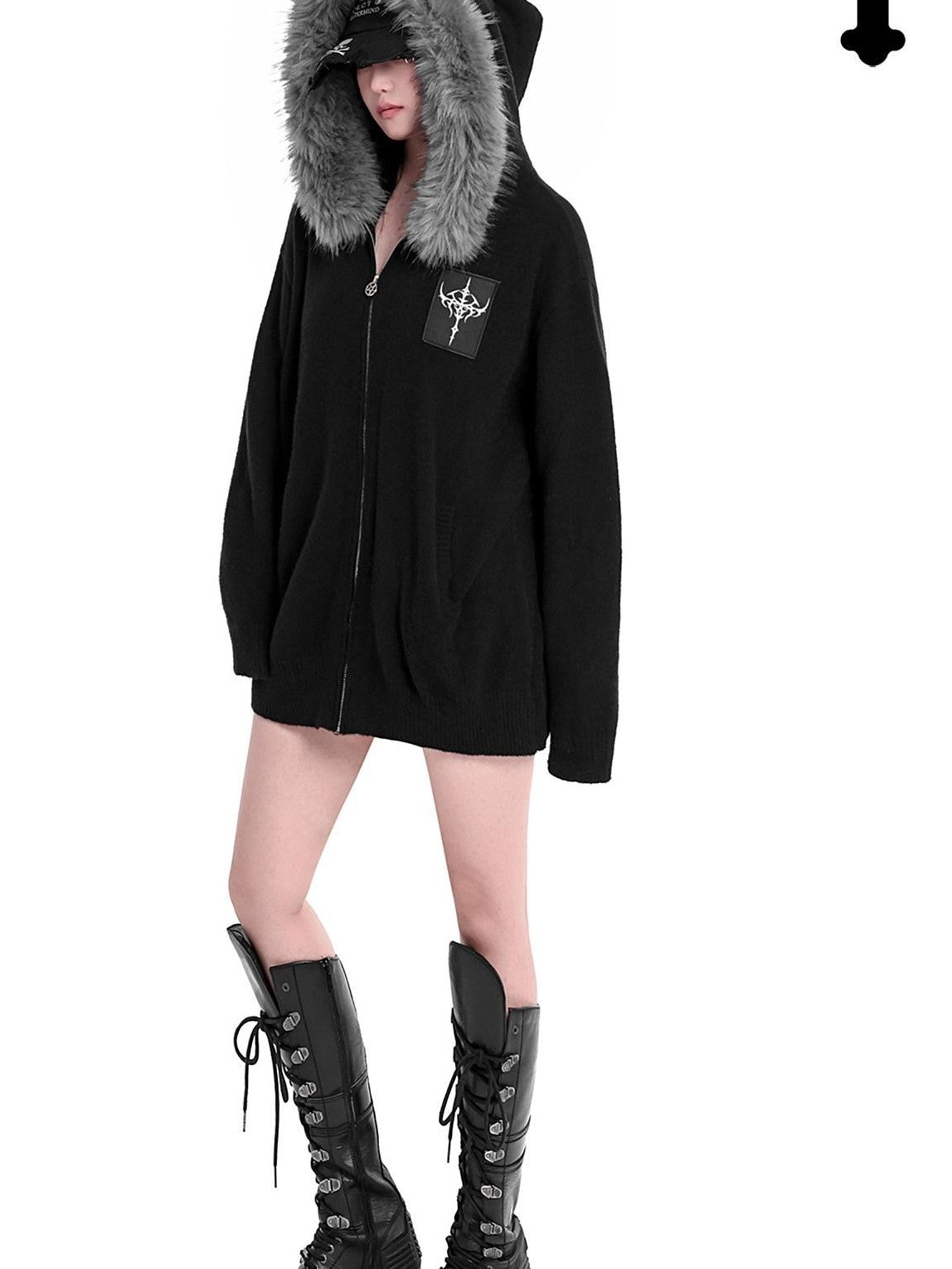 YUBABY Faux Fox Fur Oversize Collar Gothic Cross Women's Cotton Blend Hoodies