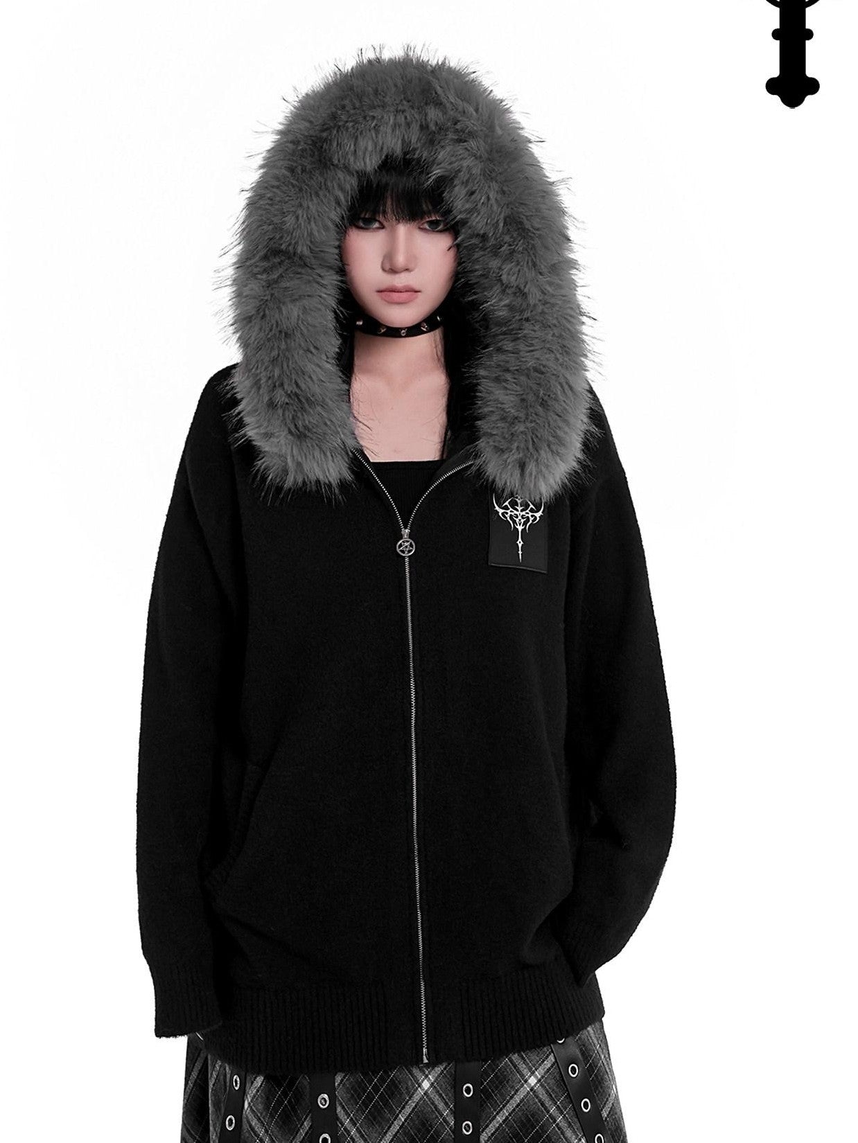 YUBABY Faux Fox Fur Oversize Collar Gothic Cross Women's Cotton Blend Hoodies