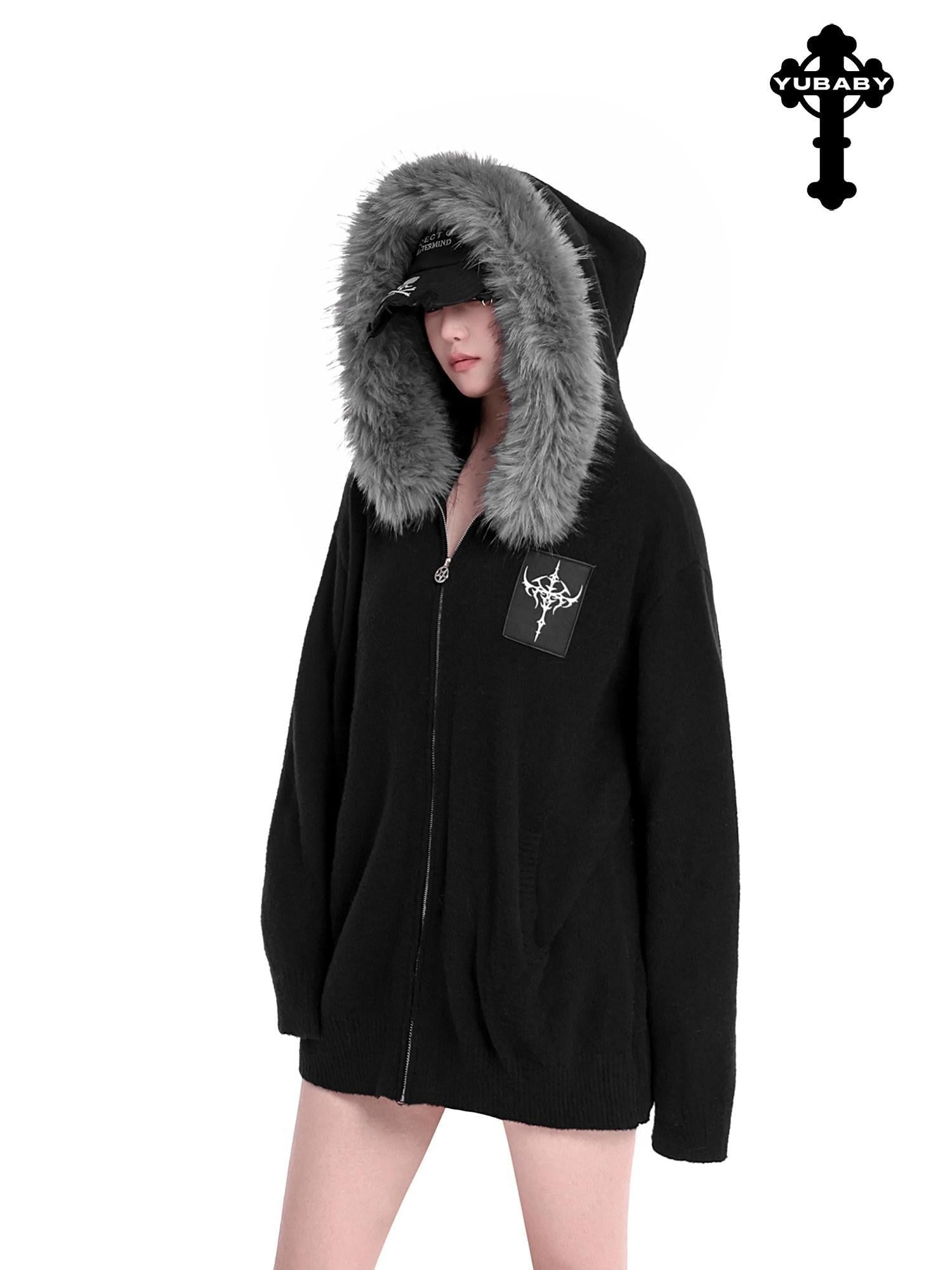 YUBABY Faux Fox Fur Oversize Collar Gothic Cross Women's Cotton Blend Hoodies