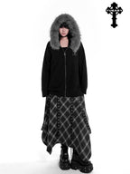 YUBABY Faux Fox Fur Oversize Collar Gothic Cross Women's Cotton Blend Hoodies