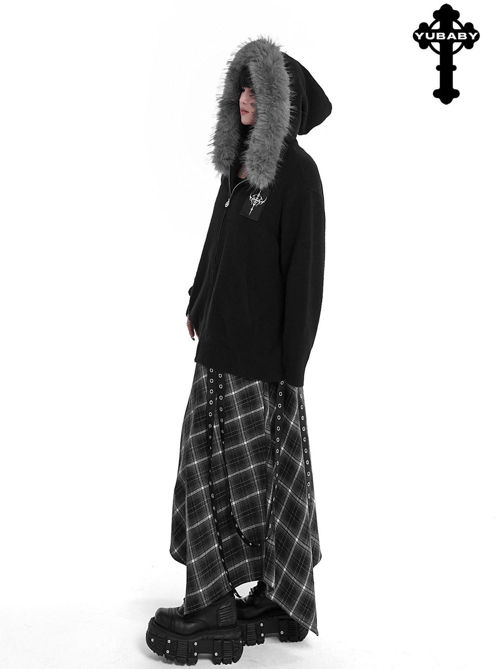 YUBABY Faux Fox Fur Oversize Collar Gothic Cross Women's Cotton Blend Hoodies