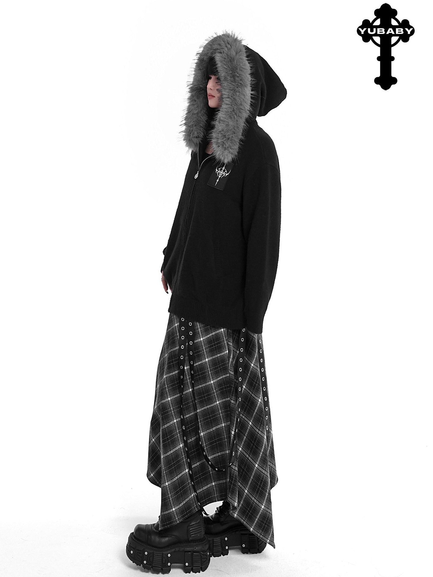 YUBABY Faux Fox Fur Oversize Collar Gothic Cross Women's Cotton Blend Hoodies