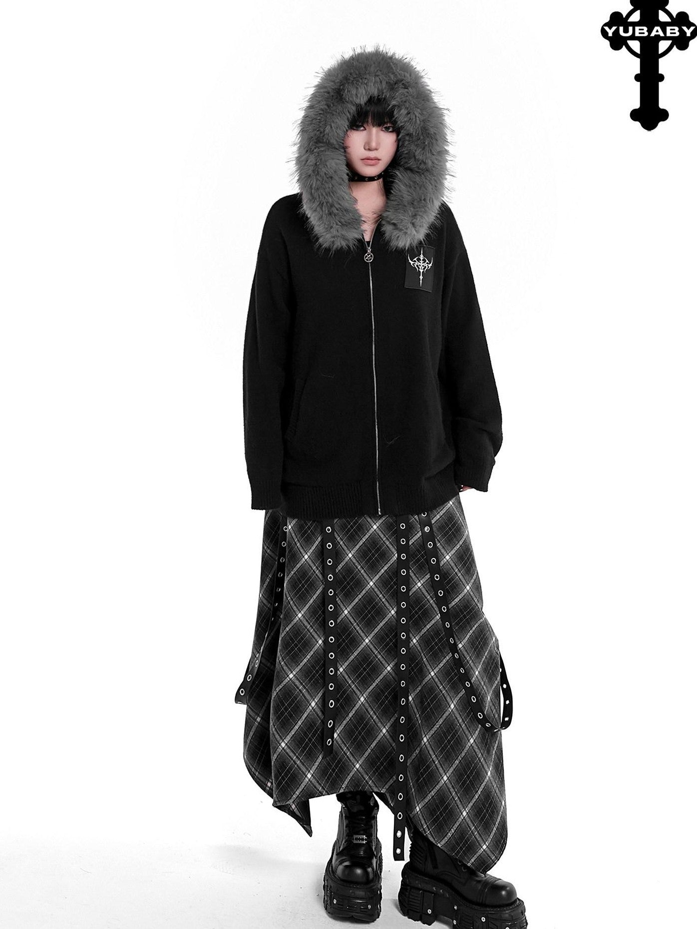 YUBABY Faux Fox Fur Oversize Collar Gothic Cross Women's Cotton Blend Hoodies