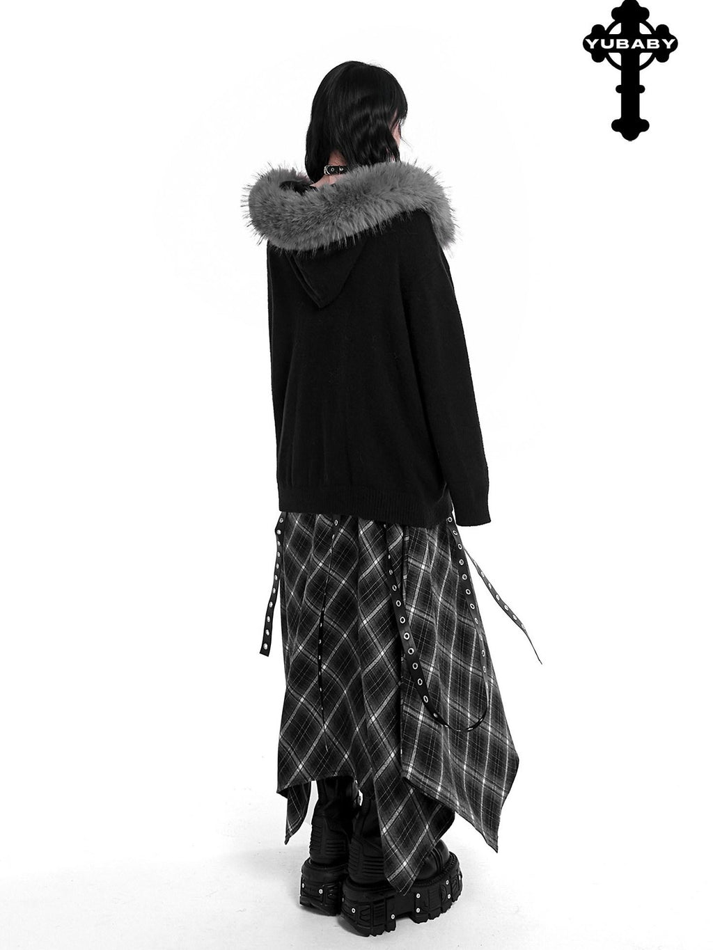 YUBABY Faux Fox Fur Oversize Collar Gothic Cross Women's Cotton Blend Hoodies