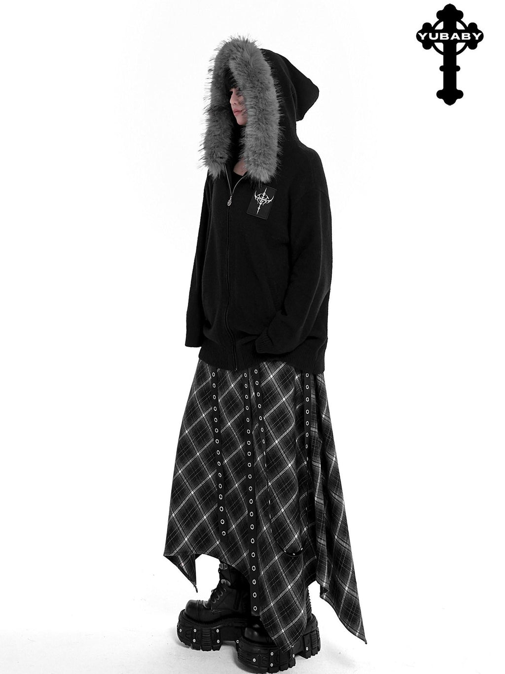 YUBABY Faux Fox Fur Oversize Collar Gothic Cross Women's Cotton Blend Hoodies