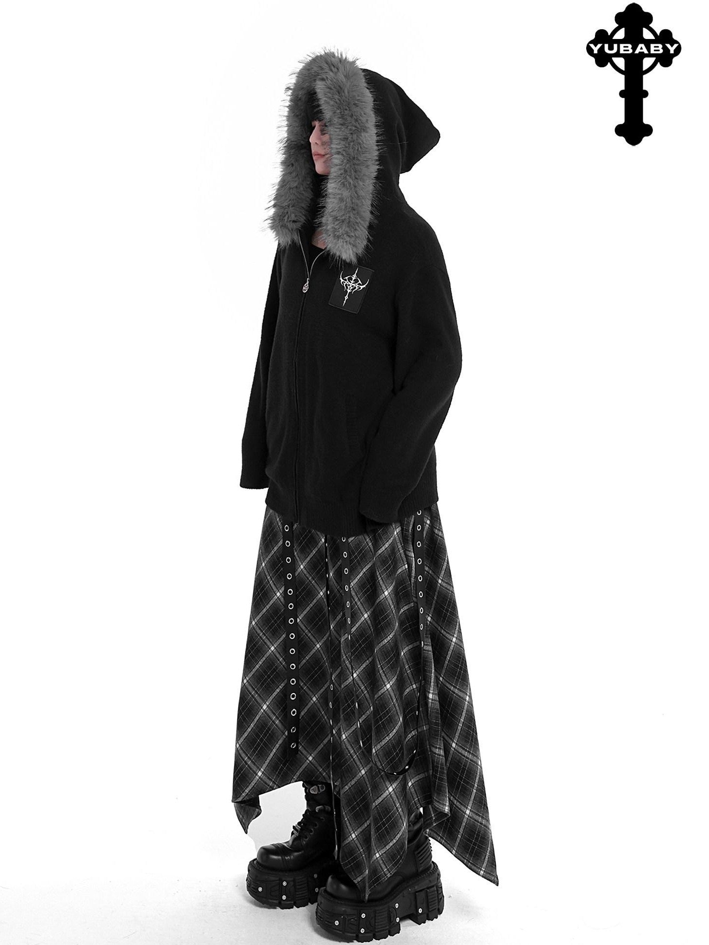 YUBABY Faux Fox Fur Oversize Collar Gothic Cross Women's Cotton Blend Hoodies