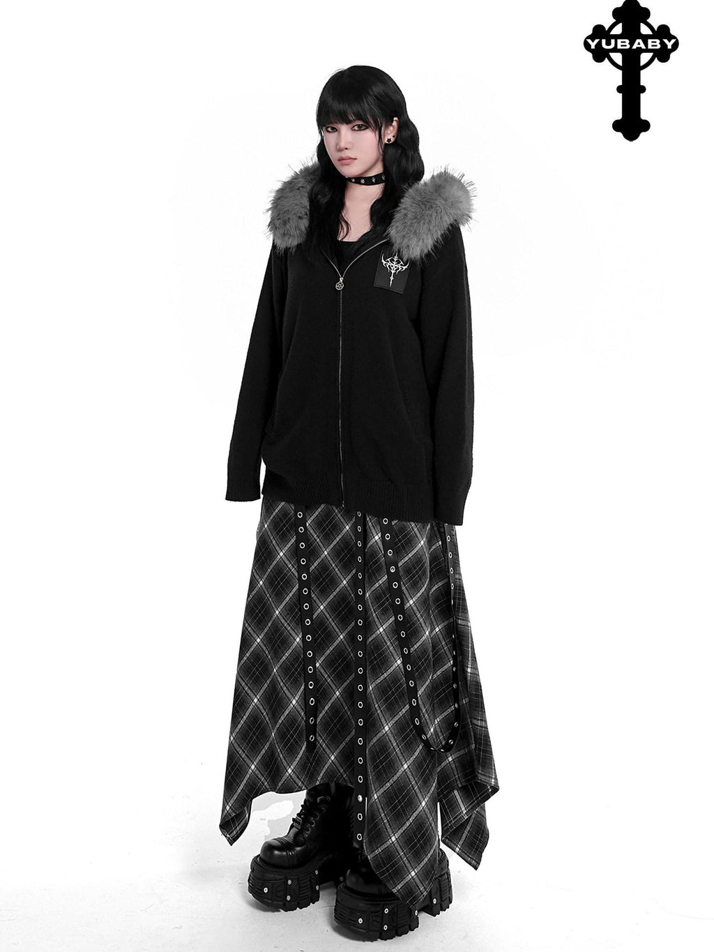YUBABY Faux Fox Fur Oversize Collar Gothic Cross Women's Cotton Blend Hoodies