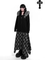 YUBABY Faux Fox Fur Oversize Collar Gothic Cross Women's Cotton Blend Hoodies