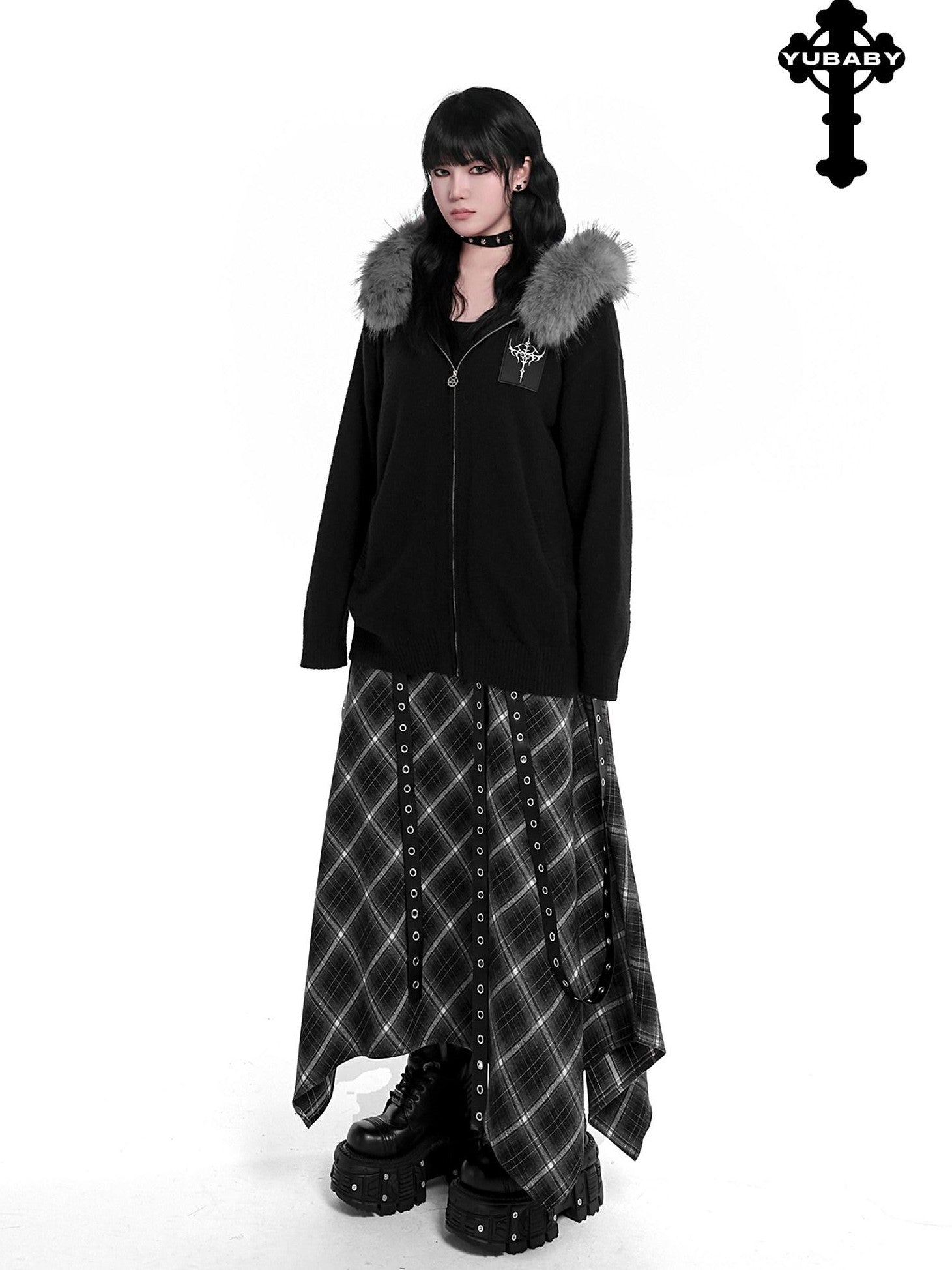 YUBABY Faux Fox Fur Oversize Collar Gothic Cross Women's Cotton Blend Hoodies