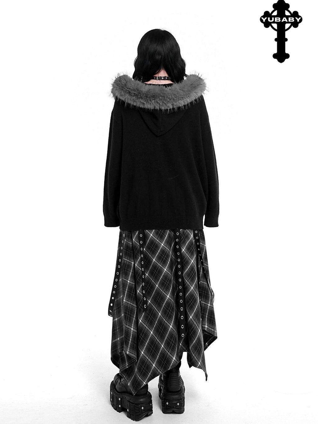 YUBABY Faux Fox Fur Oversize Collar Gothic Cross Women's Cotton Blend Hoodies