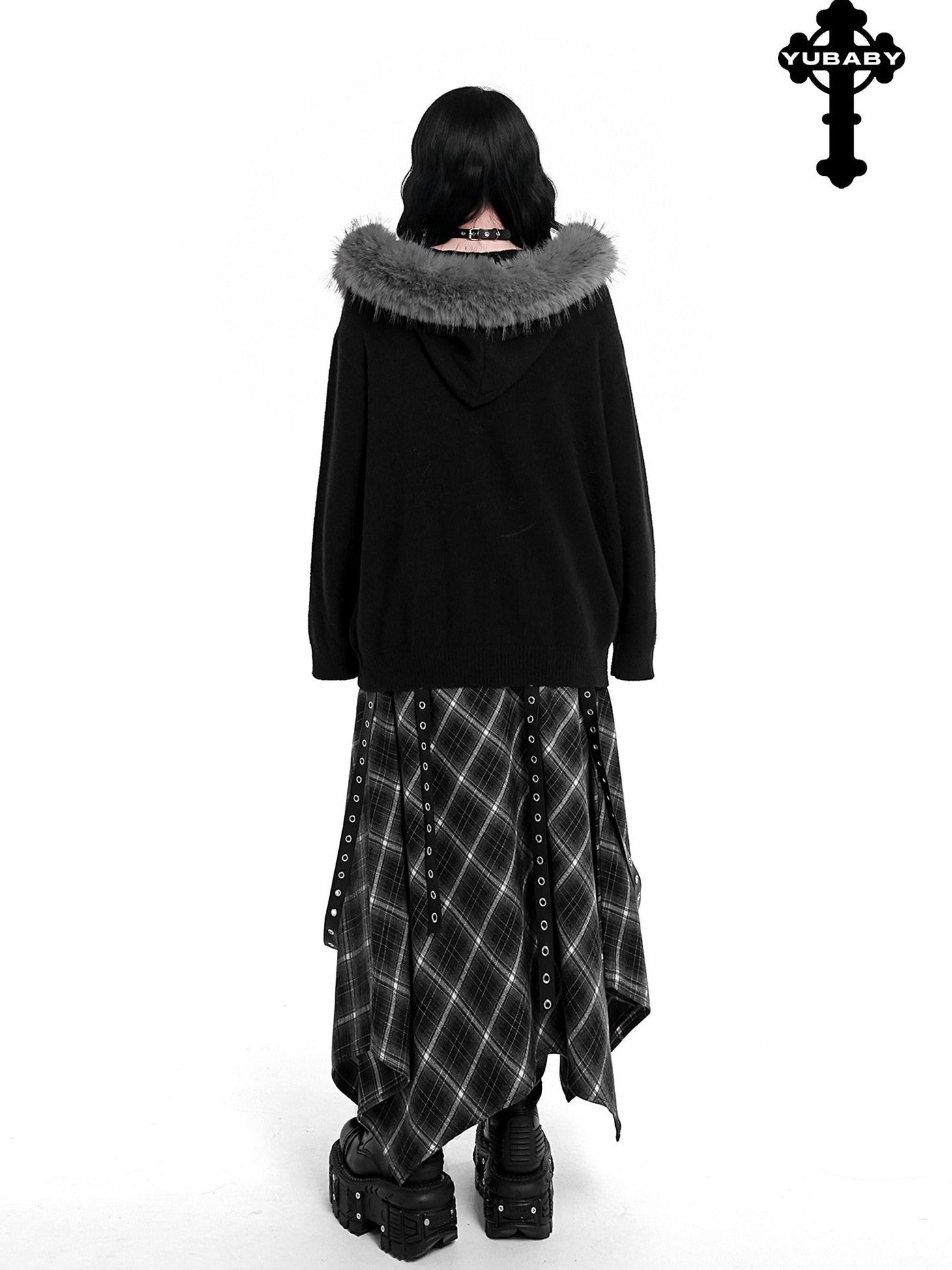 YUBABY Faux Fox Fur Oversize Collar Gothic Cross Women's Cotton Blend Hoodies
