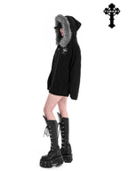 YUBABY Faux Fox Fur Oversize Collar Gothic Cross Women's Cotton Blend Hoodies