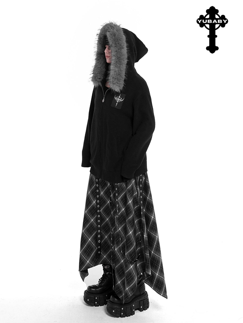 YUBABY Faux Fox Fur Oversize Collar Gothic Cross Women's Cotton Blend Hoodies