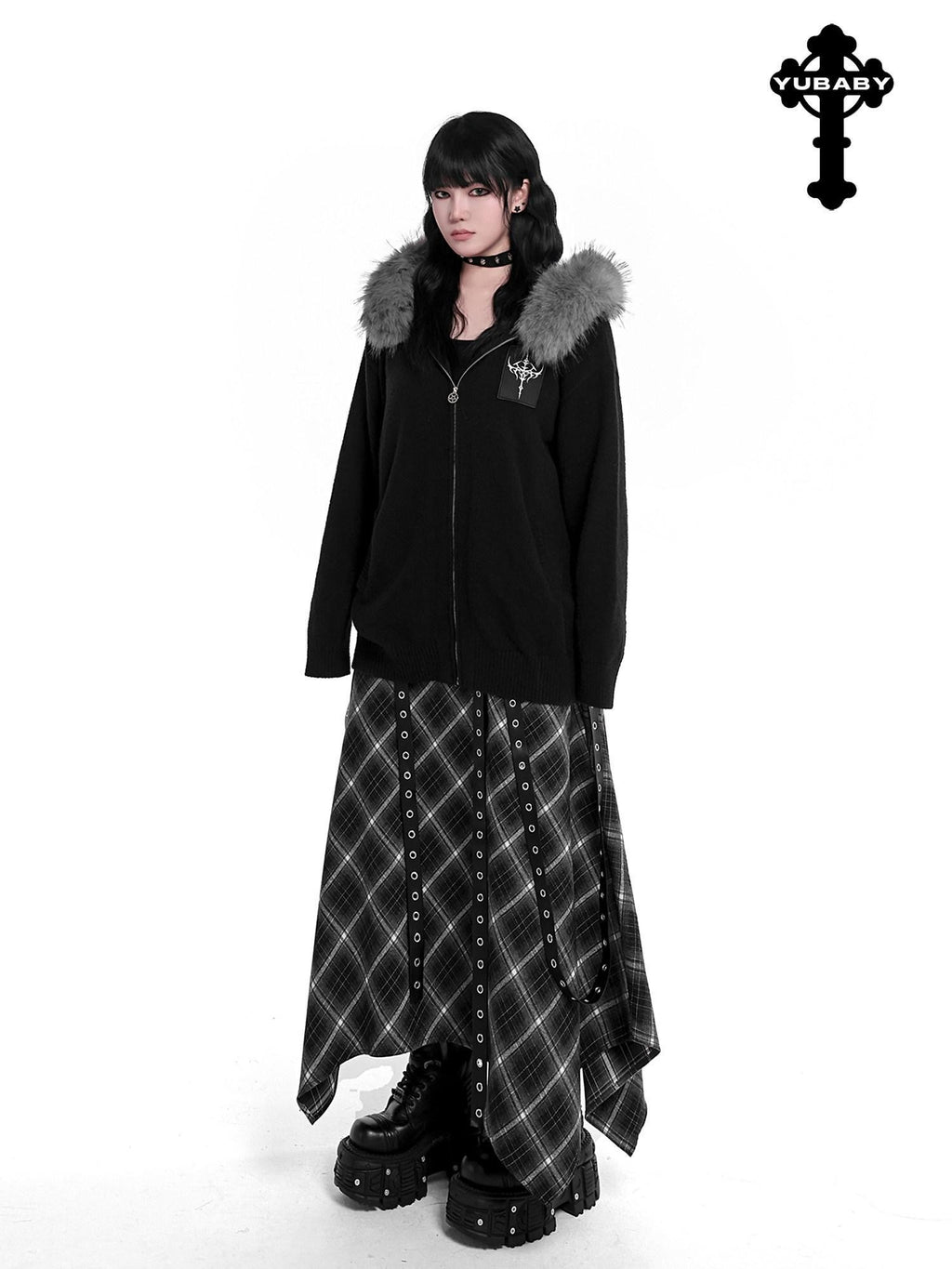 YUBABY Faux Fox Fur Oversize Collar Gothic Cross Women's Cotton Blend Hoodies