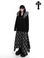 YUBABY Faux Fox Fur Oversize Collar Gothic Cross Women's Cotton Blend Hoodies