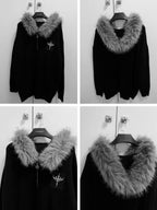 YUBABY Faux Fox Fur Oversize Collar Gothic Cross Women's Cotton Blend Hoodies