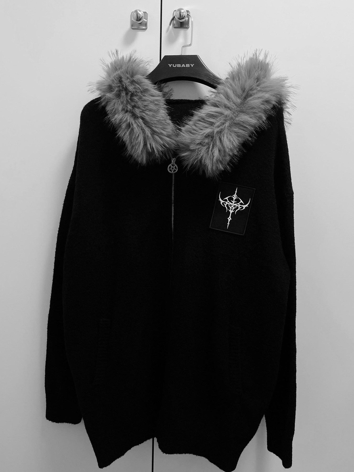 YUBABY Faux Fox Fur Oversize Collar Gothic Cross Women's Cotton Blend Hoodies