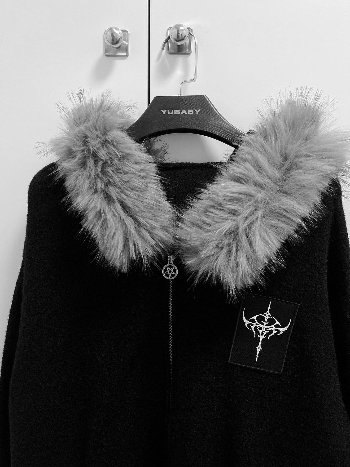 YUBABY Faux Fox Fur Oversize Collar Gothic Cross Women's Cotton Blend Hoodies