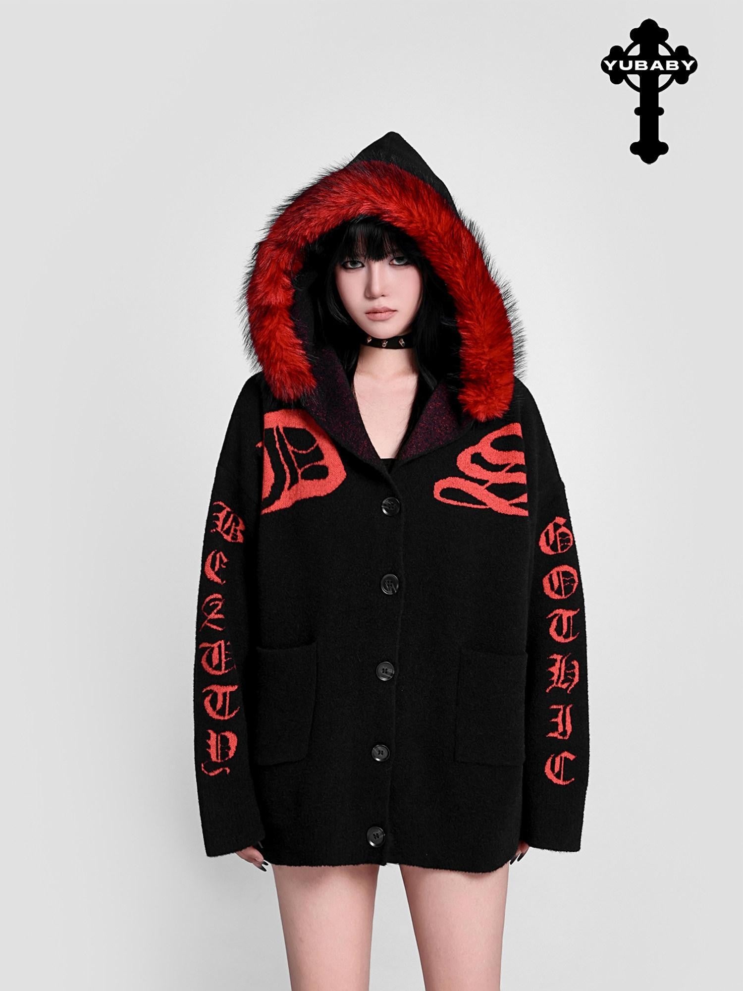 YUBABY Faux Fur Collar Gothic Sanskrit Letter Colorblock Women's Cotton Blend Hoodies