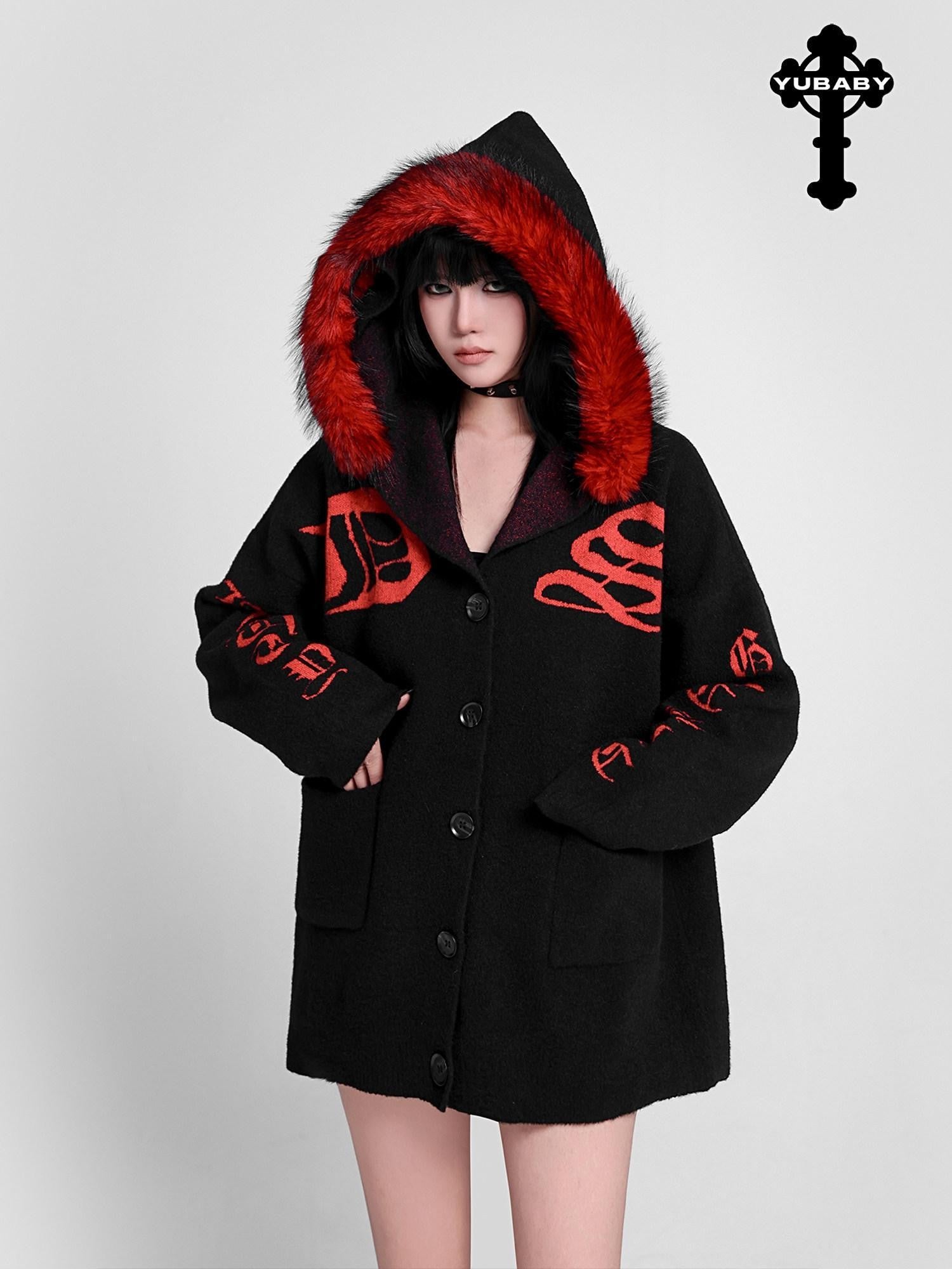 YUBABY Faux Fur Collar Gothic Sanskrit Letter Colorblock Women's Cotton Blend Hoodies