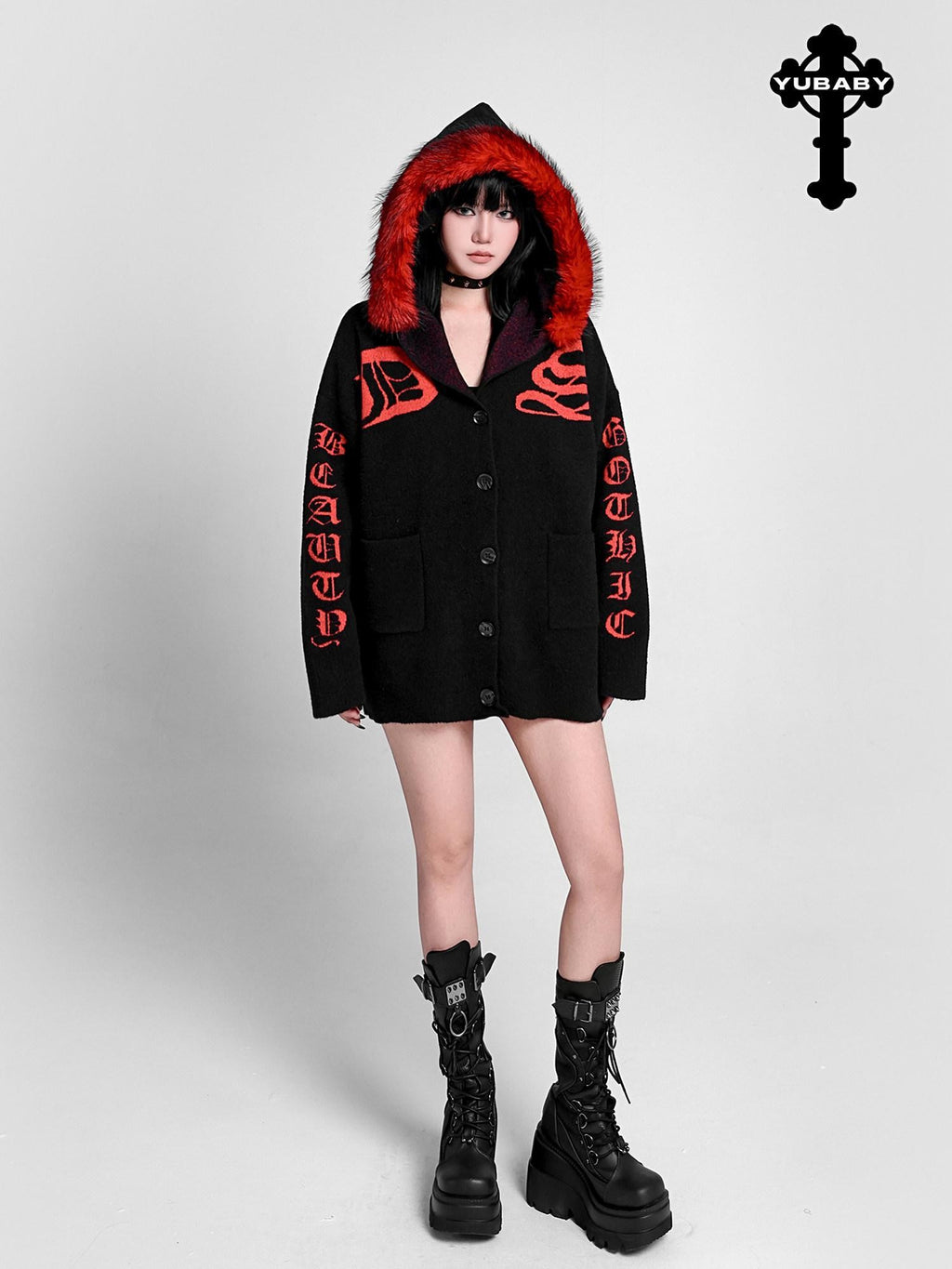 YUBABY Faux Fur Collar Gothic Sanskrit Letter Colorblock Women's Cotton Blend Hoodies