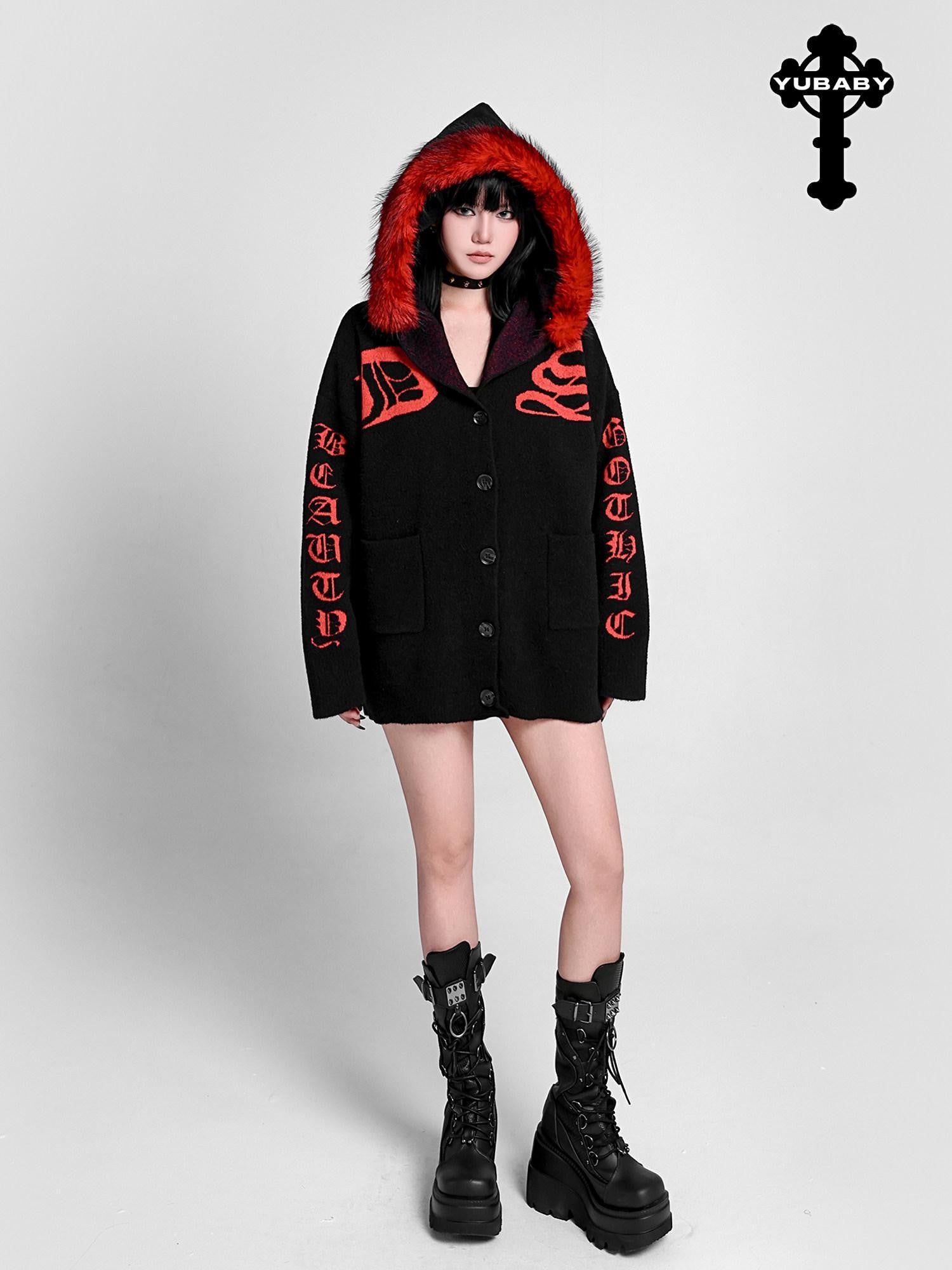 YUBABY Faux Fur Collar Gothic Sanskrit Letter Colorblock Women's Cotton Blend Hoodies