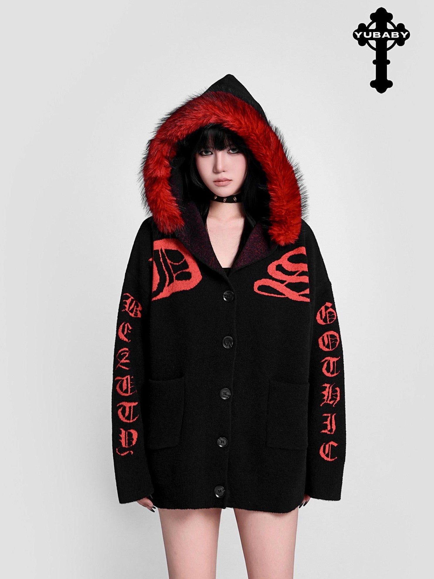 YUBABY Faux Fur Collar Gothic Sanskrit Letter Colorblock Women's Cotton Blend Hoodies