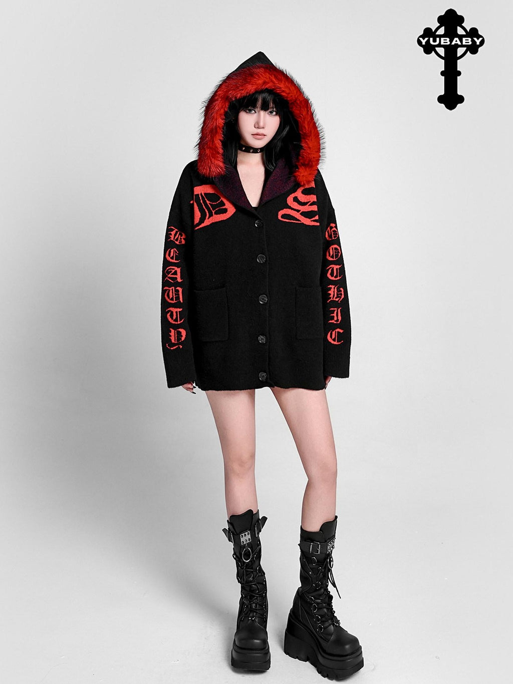 YUBABY Faux Fur Collar Gothic Sanskrit Letter Colorblock Women's Cotton Blend Hoodies