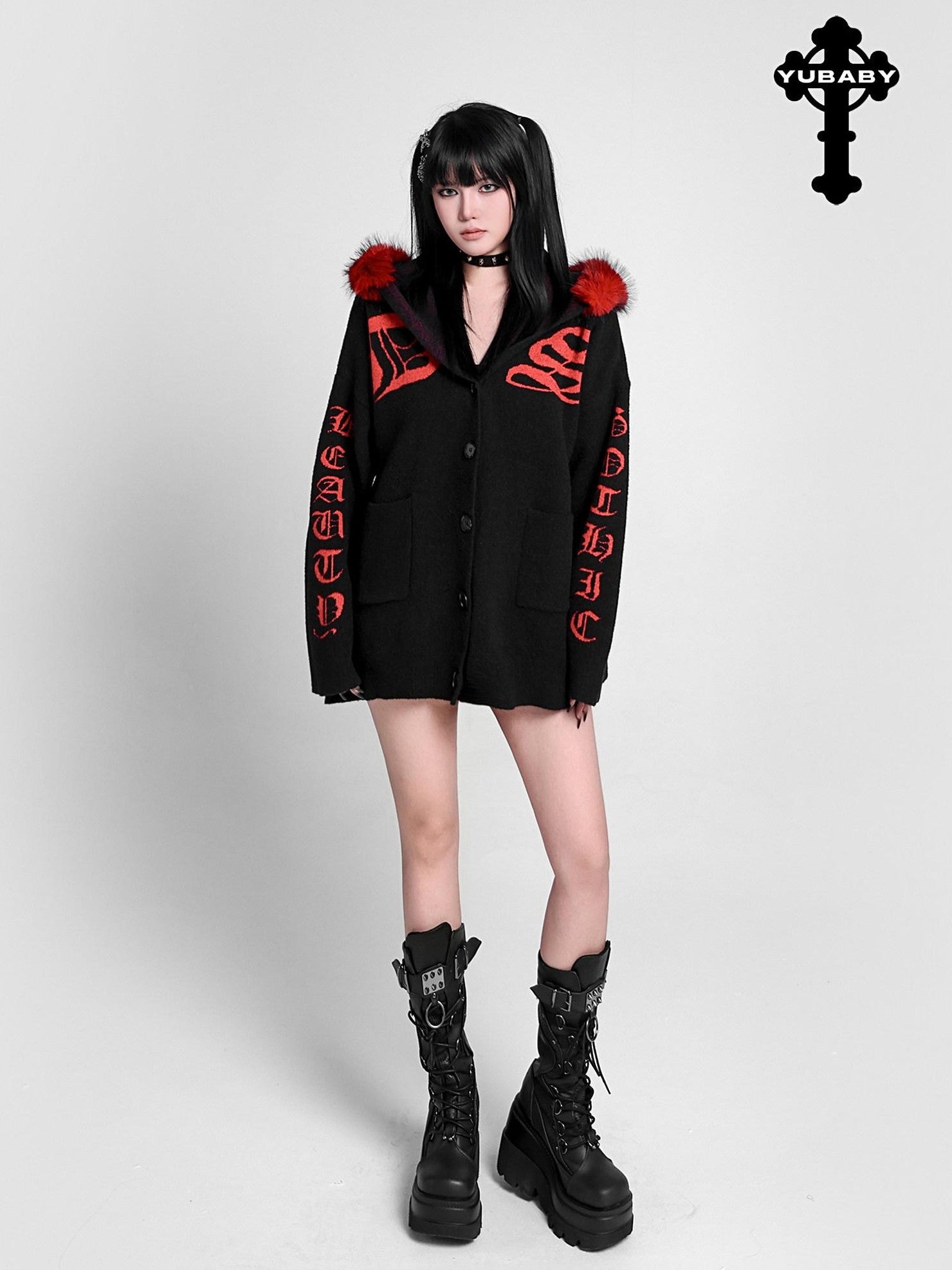 YUBABY Faux Fur Collar Gothic Sanskrit Letter Colorblock Women's Cotton Blend Hoodies