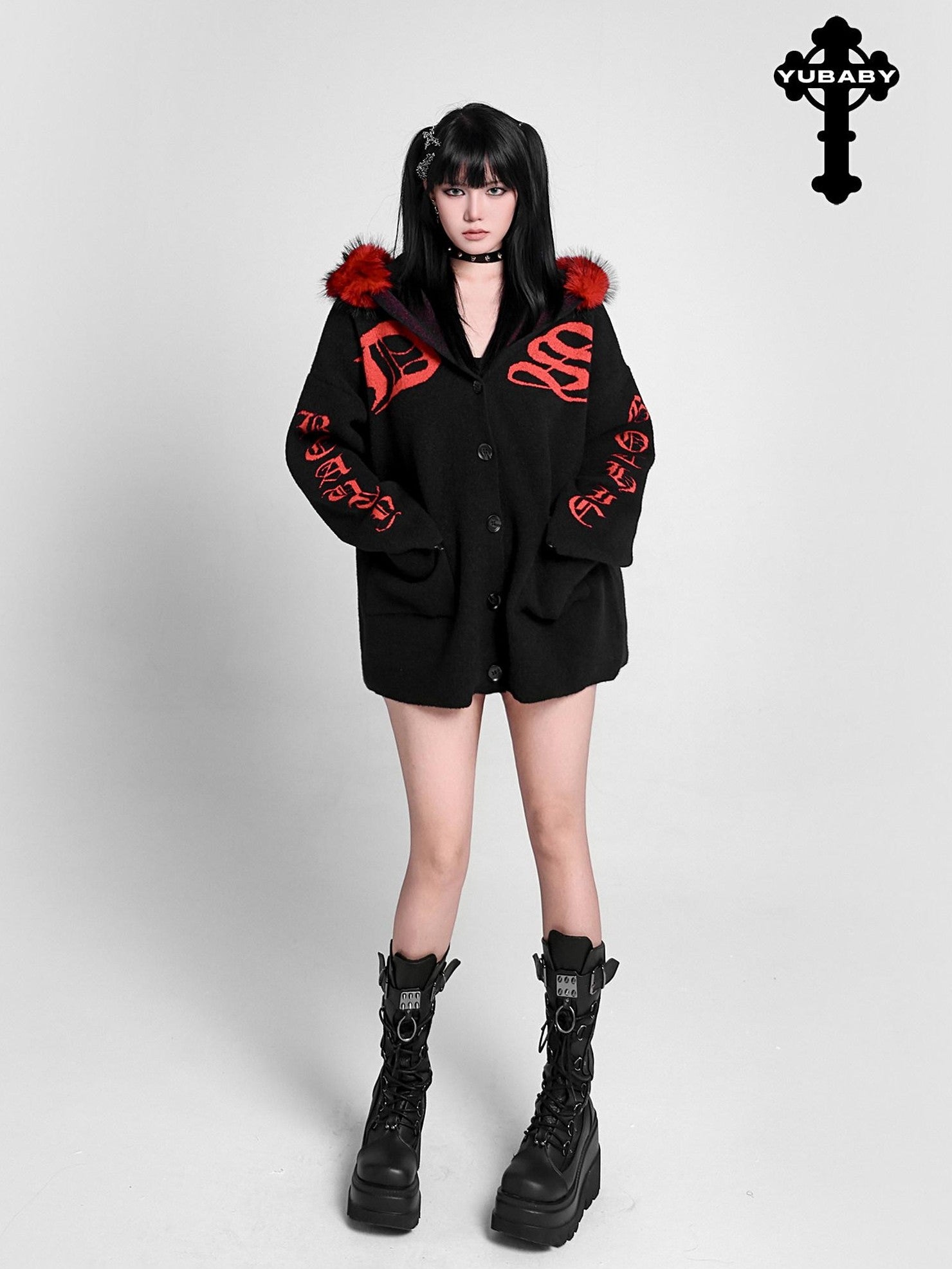 YUBABY Faux Fur Collar Gothic Sanskrit Letter Colorblock Women's Cotton Blend Hoodies