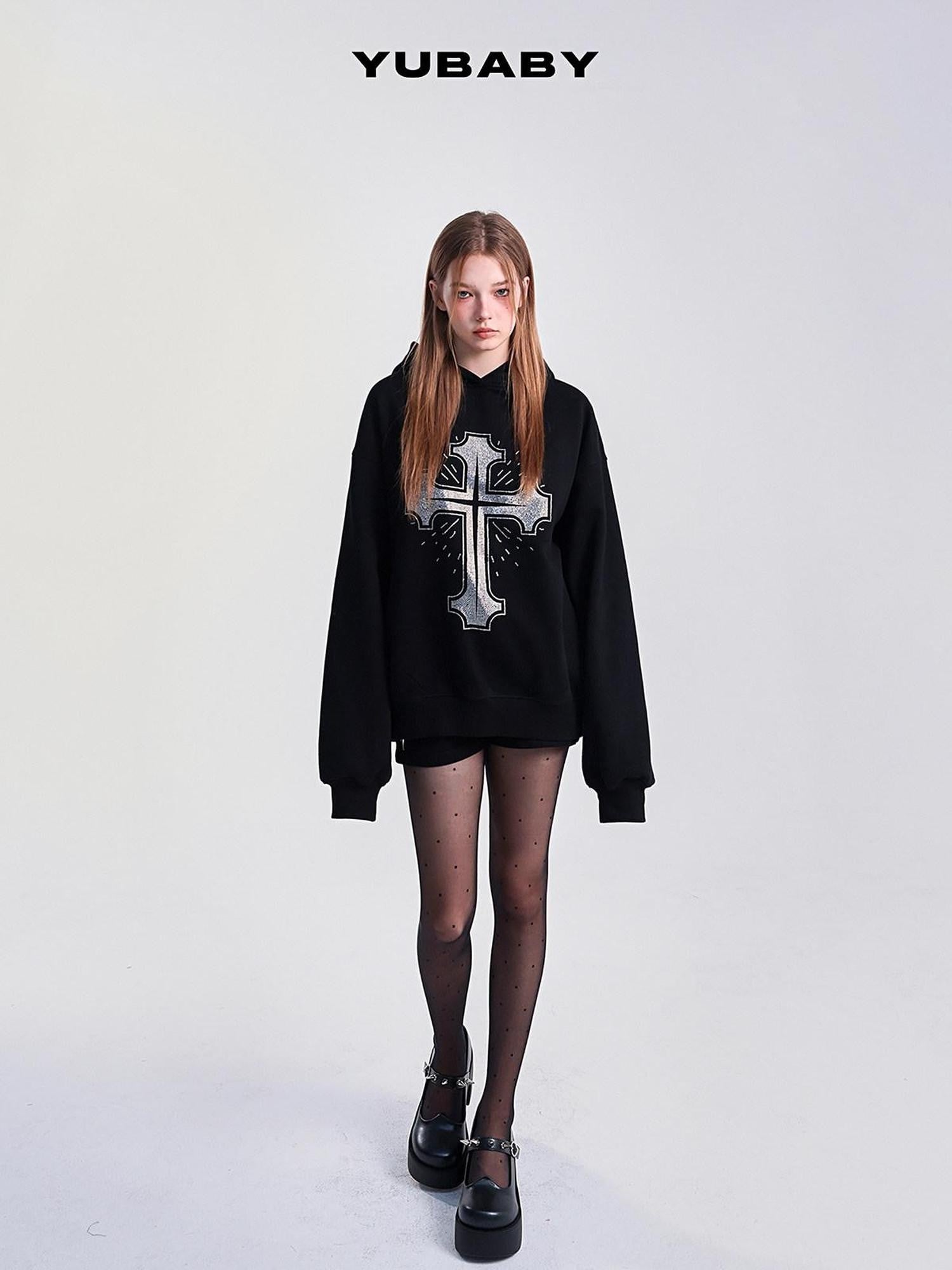 YUBABY Fleece Lined Rhinestone Cross Graffiti Oversized Women's Cotton Blend Hoodies