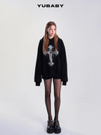 YUBABY Fleece Lined Rhinestone Cross Graffiti Oversized Women's Cotton Blend Hoodies
